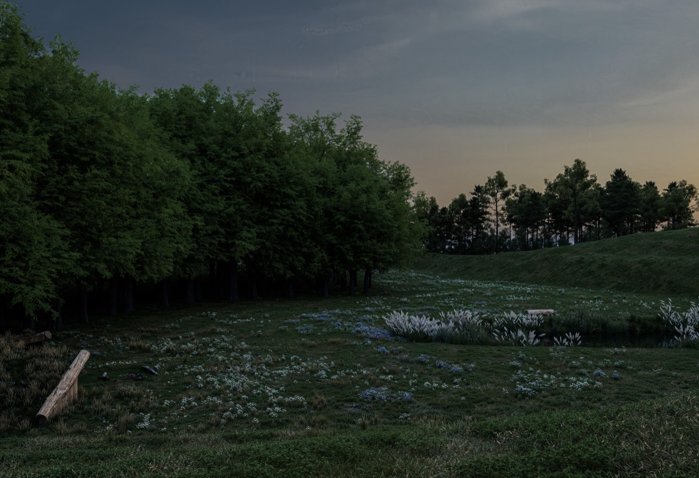 atmospheric landscape render of Havnsø Climate Park, land art shaped from surplus soil